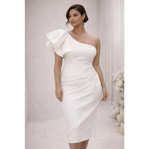 Elliatt Elysie Midi Dress Small Ivory One Shoulder Ruffle Sleeve Bridal Shower O